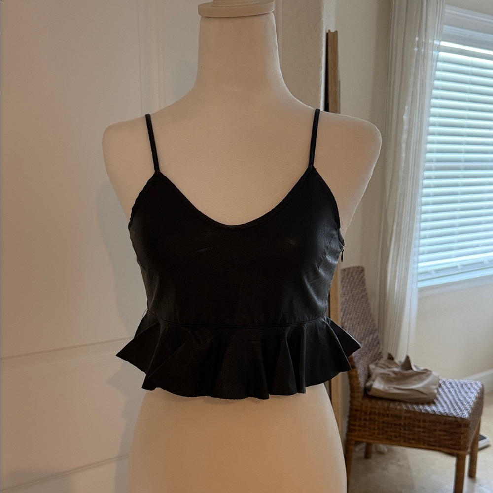 Zara Black Faux leather Ruffled Women's Top with side zip